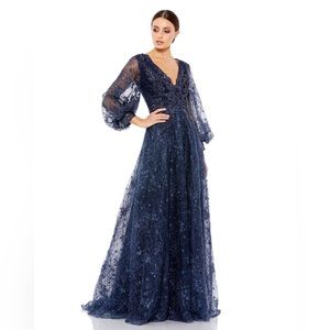 Mac Duggal‎ Embellished Plunge Neck Puff Sleeve A-Line Gown- NwT